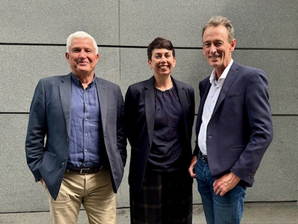 Image of new Chair, Anna Buchly (middle), with outgoing Chair, Carl Blanchard (right), and previous Chair, Andy Coupe (left)